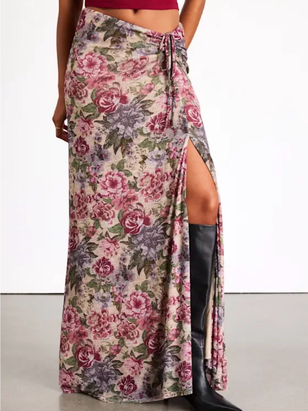 Lulus Daria Beige Multi Floral Ruched Maxi Skirt Boho